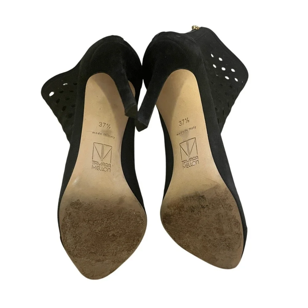 Tamara Mellon 7.5 Laser Cut Italian Suede Ankle Boots $895 Polka Dot Heels Black